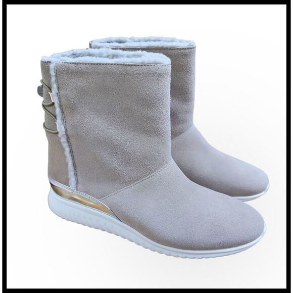 Cole Haan Grand.OS Waterproof Suede Hiking Boots Faux Fur Shearling Dove Gray 6 - Picture 2 of 13